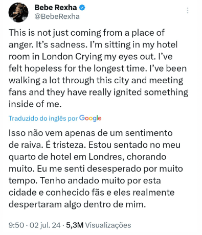 Em desabafo nas redes sociais, Bebe Rexha alega estar sendo boicotada pela indústria 1 Captura de tela 2024 07 02 202855