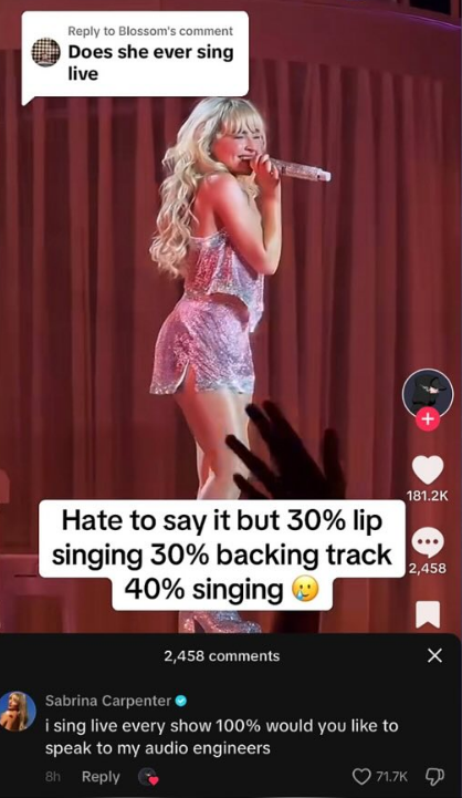 "Eu canto 100% em todo show", Sabrina Carpenter responde com humor a acusação de não cantar ao vivo 1 Enquanto muitos artistas optam por ignorar críticas, Sabrina tem se mostrado capaz de lidar com elas de maneira leve e confiante.