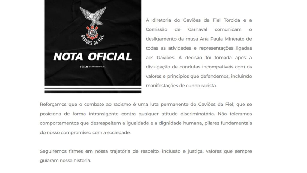 Gaviões da Fiel desliga Ana Paula Minerato após vazamento de áudios com conteúdos racistas 1 Gaviões da Fiel