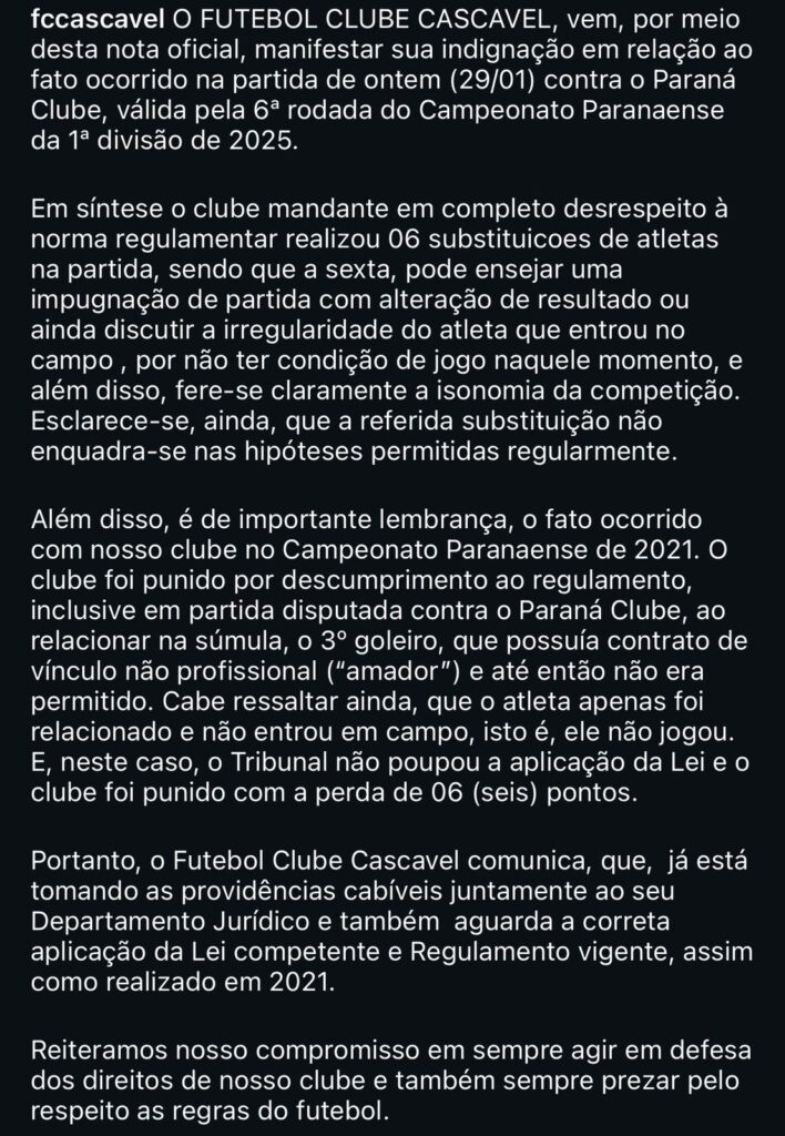 Após Paraná clube realizar 6 substituições, equipe de arbitragem é afastada 1 Paraná Clube
