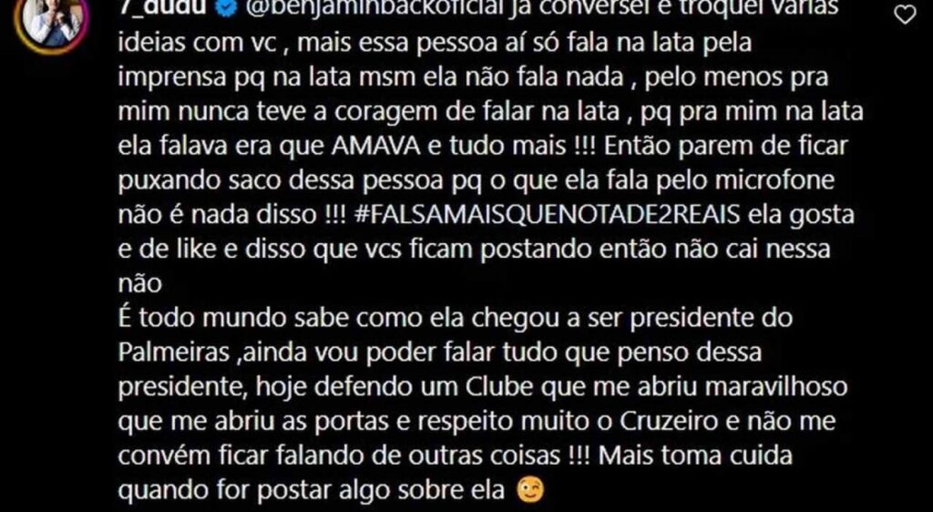Leila Pereira e Dudu protagonizam polêmica 2 print comentario dudu