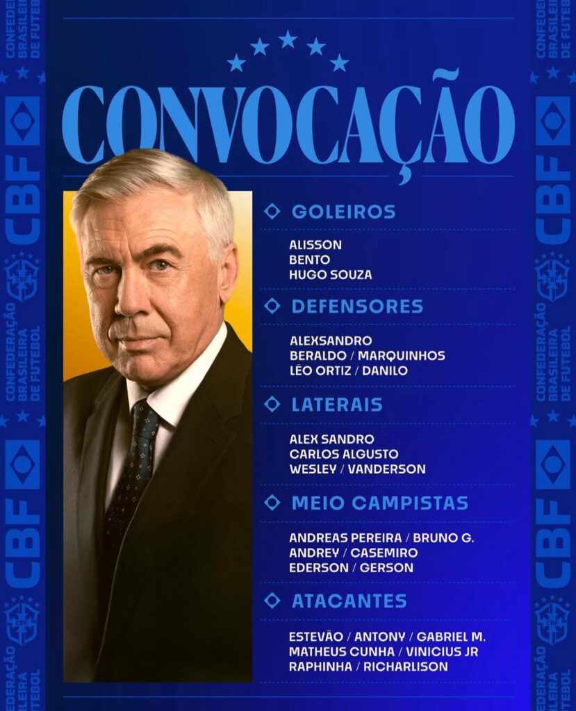 Ancelotti divulga sua primeira lista de convocados com novidades e retorno de veteranos 1 Ancelotti divulga sua primeira lista de convocados com novidades e retorno de veteranos