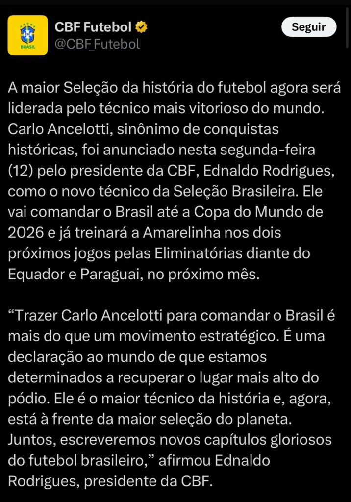Carlo Ancelotti é anunciado como novo comandante da Seleção Brasileira para a Copa do Mundo de 2026 1 Carlo Ancelotti