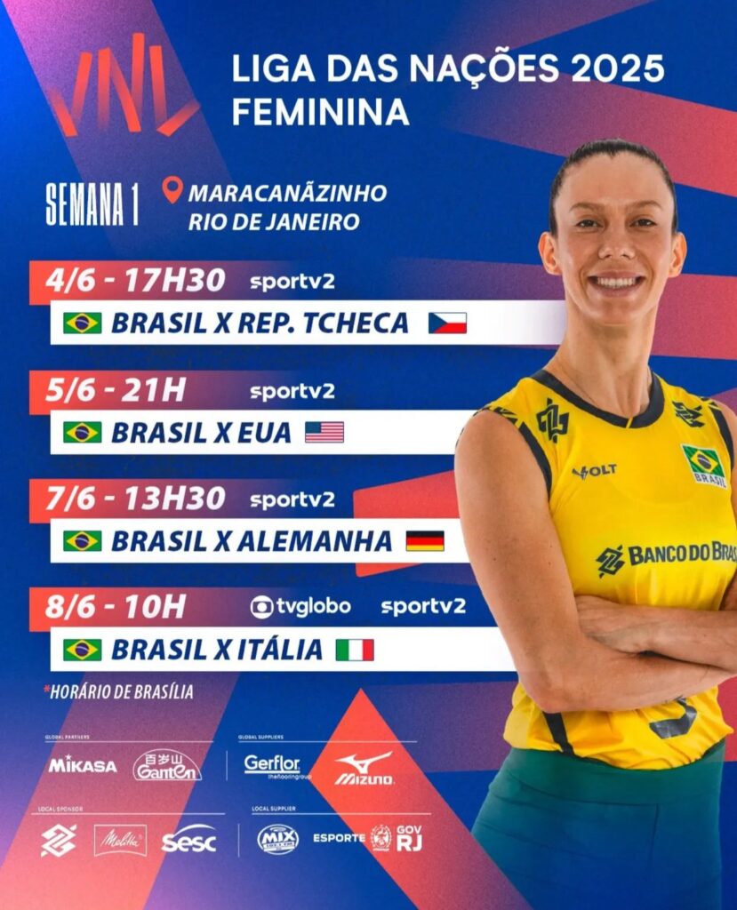 Brasil estreia com vitória na VNL 2025 contra a República Tcheca no Maracanãzinho 2 Seleção Volei