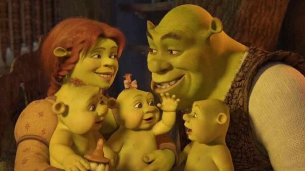 Shrek e Fiona com seus filhos