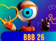 A imagem mostra o mascote do Big Brother Brasil, um robô com um grande olho azul no centro da cabeça. Ele está fazendo gestos com as mãos e cercado por ícones coloridos, como um coração, uma coroa, um botão vermelho e um copo de martíni, todos remetendo ao universo do programa. No rodapé, em destaque, está escrito "BBB 26" com letras grandes e coloridas sobre um fundo azul. O visual é vibrante e moderno, com cores que variam entre azul, verde e roxo
