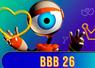 A imagem mostra o mascote do Big Brother Brasil, um robô com um grande olho azul no centro da cabeça. Ele está fazendo gestos com as mãos e cercado por ícones coloridos, como um coração, uma coroa, um botão vermelho e um copo de martíni, todos remetendo ao universo do programa. No rodapé, em destaque, está escrito "BBB 26" com letras grandes e coloridas sobre um fundo azul. O visual é vibrante e moderno, com cores que variam entre azul, verde e roxo
