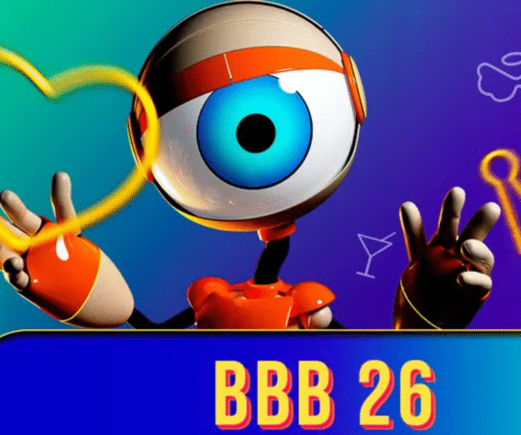 A imagem mostra o mascote do Big Brother Brasil, um robô com um grande olho azul no centro da cabeça. Ele está fazendo gestos com as mãos e cercado por ícones coloridos, como um coração, uma coroa, um botão vermelho e um copo de martíni, todos remetendo ao universo do programa. No rodapé, em destaque, está escrito "BBB 26" com letras grandes e coloridas sobre um fundo azul. O visual é vibrante e moderno, com cores que variam entre azul, verde e roxo