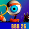 A imagem mostra o mascote do Big Brother Brasil, um robô com um grande olho azul no centro da cabeça. Ele está fazendo gestos com as mãos e cercado por ícones coloridos, como um coração, uma coroa, um botão vermelho e um copo de martíni, todos remetendo ao universo do programa. No rodapé, em destaque, está escrito "BBB 26" com letras grandes e coloridas sobre um fundo azul. O visual é vibrante e moderno, com cores que variam entre azul, verde e roxo