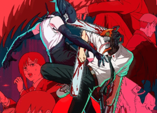 O pôster de Chainsaw Man – The Movie: Reze Arc é marcado por tons de vermelho e preto. No centro, Denji aparece como Chainsaw Man em posição de ataque, ao lado de Reze com asas e olhar enigmático. Ao fundo, personagens da trama, como Makima, reforçam o clima dramático e de confronto. Na base, Denji e Reze em silhueta trocam um momento íntimo, contrastando com a intensidade da cena