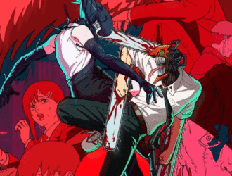 O pôster de Chainsaw Man – The Movie: Reze Arc é marcado por tons de vermelho e preto. No centro, Denji aparece como Chainsaw Man em posição de ataque, ao lado de Reze com asas e olhar enigmático. Ao fundo, personagens da trama, como Makima, reforçam o clima dramático e de confronto. Na base, Denji e Reze em silhueta trocam um momento íntimo, contrastando com a intensidade da cena