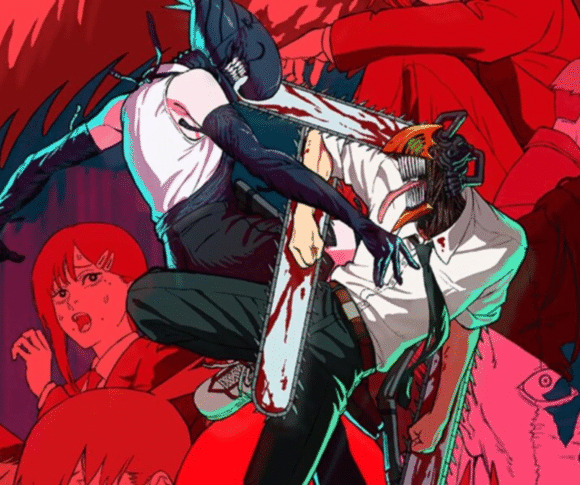 O pôster de Chainsaw Man – The Movie: Reze Arc é marcado por tons de vermelho e preto. No centro, Denji aparece como Chainsaw Man em posição de ataque, ao lado de Reze com asas e olhar enigmático. Ao fundo, personagens da trama, como Makima, reforçam o clima dramático e de confronto. Na base, Denji e Reze em silhueta trocam um momento íntimo, contrastando com a intensidade da cena