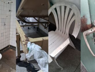 Quatro fotos mostram problemas de infraestrutura em um hospital: banheiro com azulejos quebrados, cama enferrujada, cadeira plástica rachada e porta com maçaneta danificada