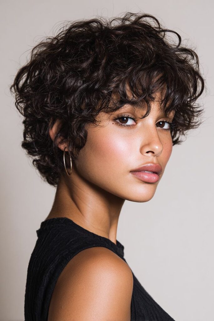 A mulher que aparece nesta foto tem cabelos castanho médios, curtos e com franja. A franjinha e  madeixas são ondulados e levemente bagunçados.Ela tem um sinal abaixo do olho direito, usa um brinco de argola dourada na orelha direita e veste uma blusa preta sem mangas.