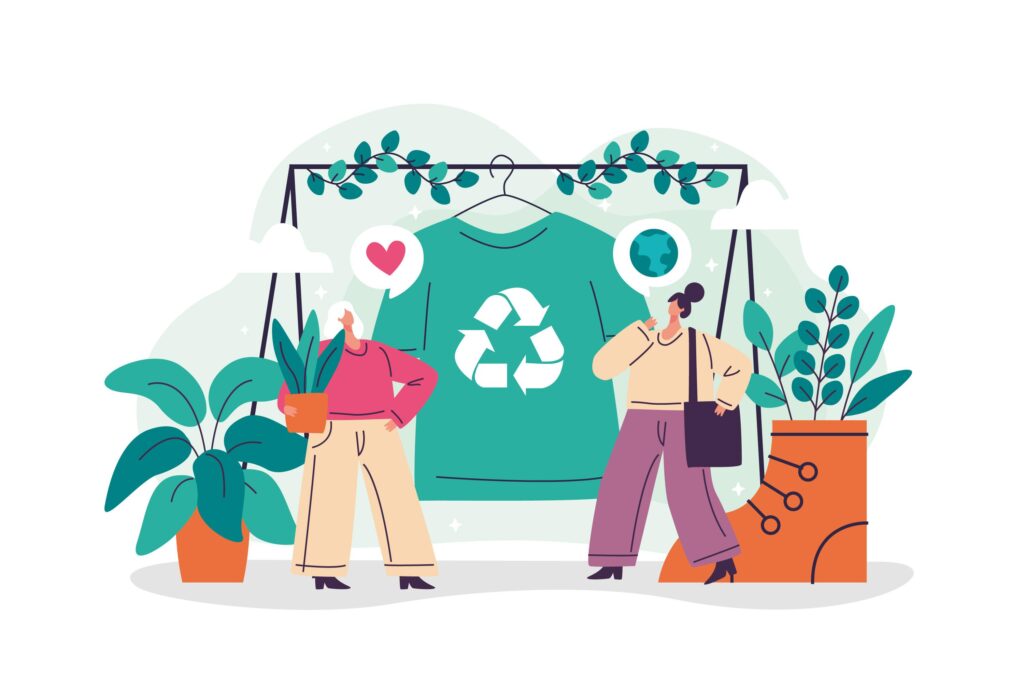 A imagem é uma ilustração colorida que representa o conceito de sustentabilidade na moda. No centro, há uma camiseta verde com o símbolo universal da reciclagem. Ao redor dela, aparecem duas pessoas: uma à esquerda segurando um vaso com uma planta e outra à direita com uma bolsa reutilizável e um balão de pensamento com o planeta Terra. O cenário tem várias plantas e elementos naturais, além de ramos decorativos que formam uma moldura. A imagem transmite a ideia de consumo consciente, cuidado com o meio ambiente e valorização de práticas ecológicas na indústria da moda.