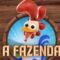 A imagem é dividida em duas partes. À esquerda, aparece o logotipo da emissora Band, com fundo azul e o nome em letras brancas acompanhado do símbolo característico em forma de olho oval. À direita, há o logotipo do programa A Fazenda, que mostra um galo animado com crista vermelha, bico amarelo e expressão alegre, dentro de um círculo com moldura de madeira. Ao fundo, vê-se um céu azul e um campo verde, remetendo ao ambiente rural. Abaixo do personagem, está o título “A Fazenda” em letras grandes com aparência de madeira