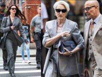 Anne Hathaway, Meryl Streep e Stanley Tucci gravam cenas de O Diabo Veste Prada 2 nas ruas de Nova York, usando looks elegantes em tons de cinza
