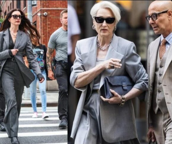 Anne Hathaway, Meryl Streep e Stanley Tucci gravam cenas de O Diabo Veste Prada 2 nas ruas de Nova York, usando looks elegantes em tons de cinza
