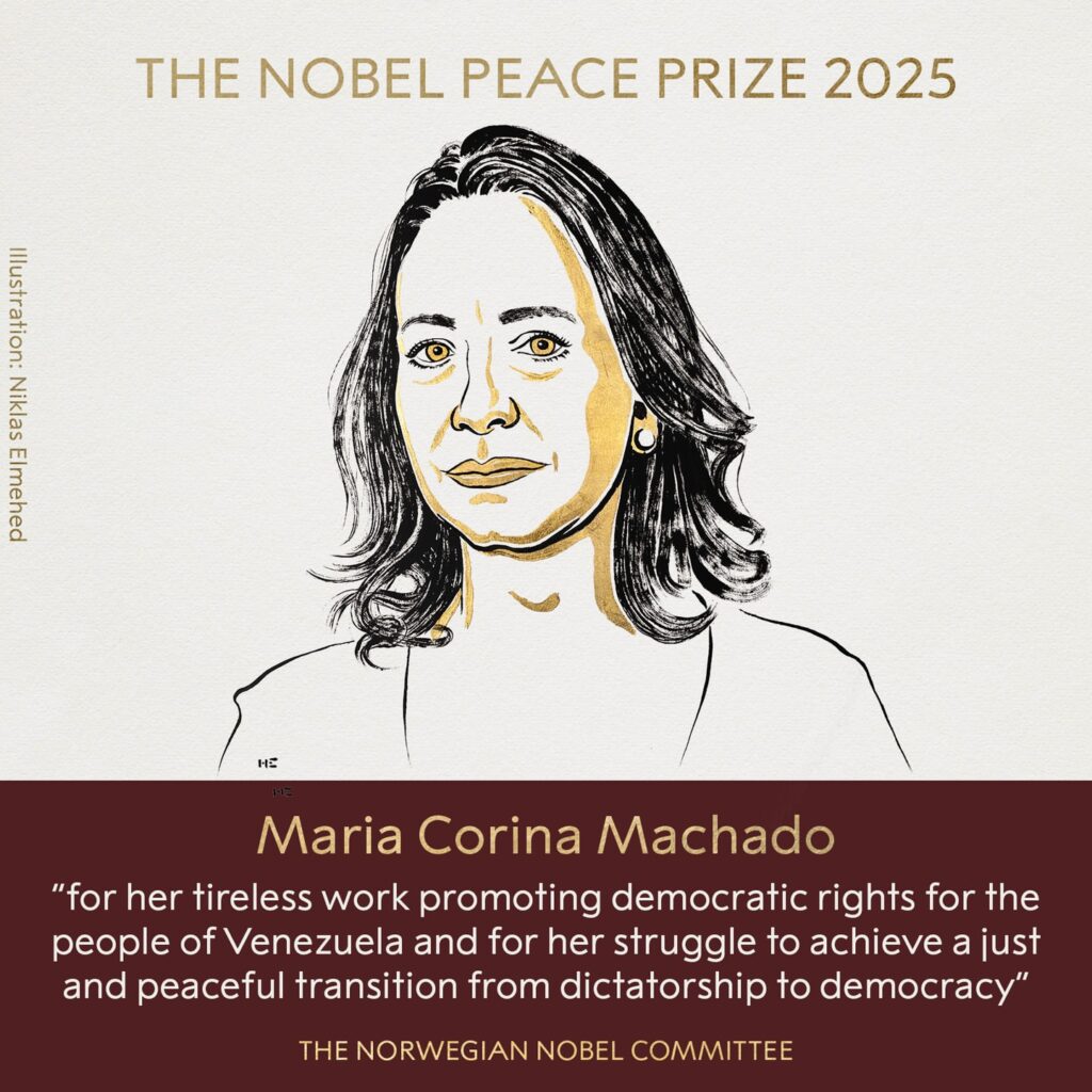 Ilustração de María Corina Machado, feita pelo artista Nikolas Elmehed, anuncia sua vitória do Prêmio Nobel da Paz de 2025.