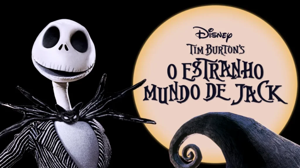 Esta imagem promocional vibrante apresenta Jack Skellington, do filme "O Estranho Mundo de Jack", ao lado de um fundo lunar e do título em português do filme.

A composição é ousada e icônica, com Jack Skellington à esquerda, em parte no quadro, e o título do filme e o fundo lunar à direita. O fundo preto cria um contraste forte, destacando os elementos principais. A imagem evoca a atmosfera do filme, a combinação de elementos macabros e a estética única de Tim Burton. A sombra no canto inferior direito adiciona profundidade.
