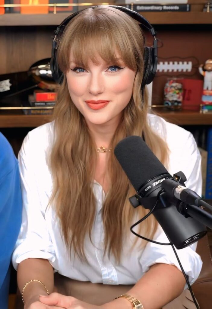 Em aparição no podcast de seu noivo, Taylor Swift aparece com delineado gatinho e batom laranja que marca sua nova imagem durante a era Showgirl.