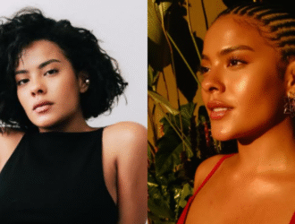 Montagem com duas fotos da atriz Bella Campos: à esquerda, ela aparece com cabelo curto e cacheado, vestindo uma blusa preta; à direita, exibe o novo visual com tranças nagô, brincos grandes e pele iluminada sob a luz do sol