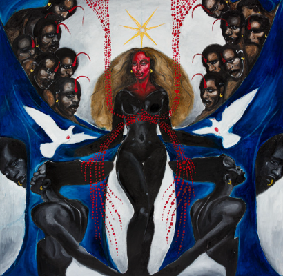 Pintura surrealista retrata uma figura feminina negra de corpo inteiro no centro da composição, com o corpo pintado de preto e o rosto em vermelho, usando uma coroa dourada sob uma estrela amarela de seis pontas. Ela está cercada por figuras masculinas negras com chifres vermelhos e expressões intensas, que observam a cena dos dois lados. A mulher está posicionada sobre formas brancas e azuis que lembram asas ou mantos, enquanto duas pombas brancas aparecem nas laterais inferiores, sugerindo equilíbrio entre espiritualidade e poder terreno. O estilo pictórico mistura elementos simbólicos, religiosos e afro-surrealistas.