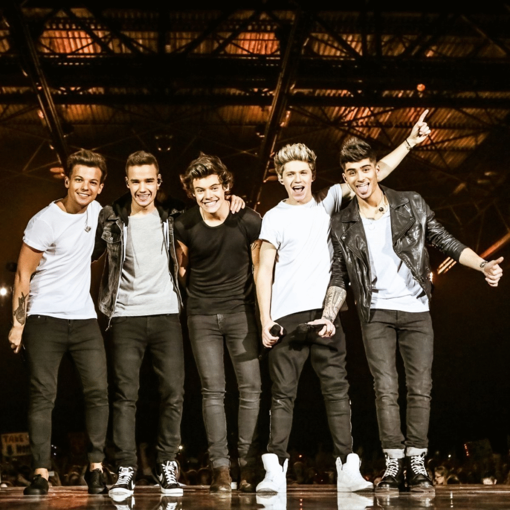 Os cinco integrantes da banda One Direction posam juntos no palco durante um show. Da esquerda para a direita, aparecem Louis Tomlinson, Liam Payne, Harry Styles, Niall Horan e Zayn Malik. Todos sorriem e demonstram energia, com Zayn fazendo gesto animado e mostrando a língua. O grupo veste roupas casuais em preto e branco, enquanto ao fundo é possível ver a estrutura iluminada do local e parte do público.