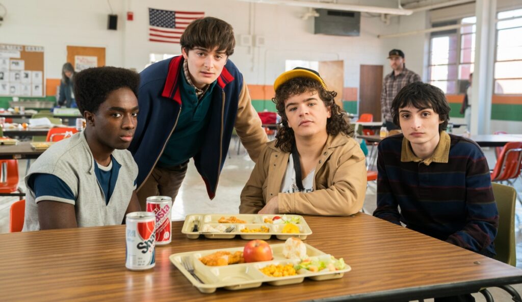 Finn Wolfhard, Noah Schnapp, Gaten Matarazzo e Caleb Mclaughlin caracterizados para a última temporada de Stranger Things. 