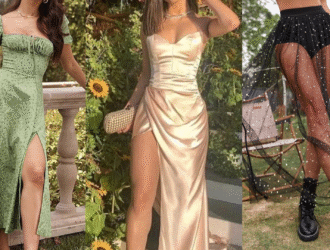 Três looks que são tendência em 2026. Vestido floral verde, vestido de seda bege e saia transparente com fundo preto