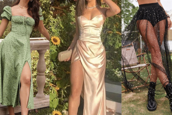 Três looks que são tendência em 2026. Vestido floral verde, vestido de seda bege e saia transparente com fundo preto