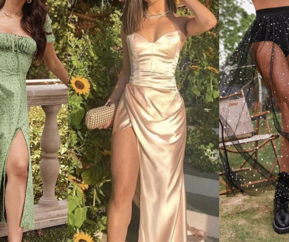 Três looks que são tendência em 2026. Vestido floral verde, vestido de seda bege e saia transparente com fundo preto
