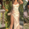 Três looks que são tendência em 2026. Vestido floral verde, vestido de seda bege e saia transparente com fundo preto
