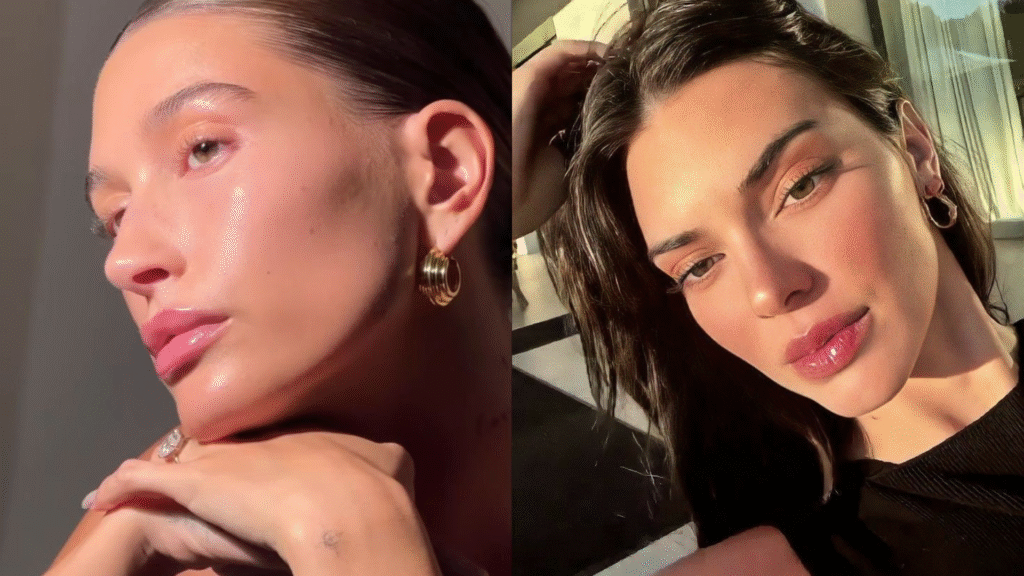 Hailey Bieber (à esquerda) e Kendall Jenner (à direita) exibem maquiagens com acabamento glow natural, destacando o uso da técnica de underpainting, que cria uma pele iluminada e tridimensional.