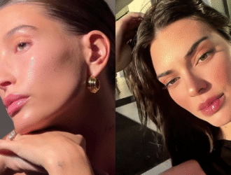 Hailey Bieber (à esquerda) e Kendall Jenner (à direita) exibem maquiagens com acabamento glow natural, destacando o uso da técnica de underpainting, que cria uma pele iluminada e tridimensional