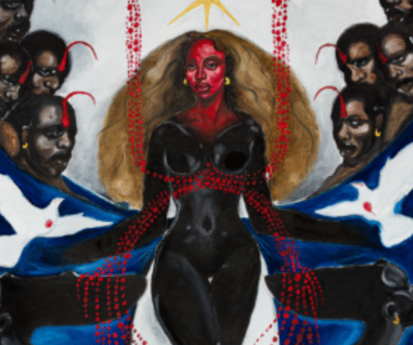 Pintura surrealista retrata uma figura feminina negra de corpo inteiro no centro da composição, com o corpo pintado de preto e o rosto em vermelho, usando uma coroa dourada sob uma estrela amarela de seis pontas. Ela está cercada por figuras masculinas negras com chifres vermelhos e expressões intensas, que observam a cena dos dois lados. A mulher está posicionada sobre formas brancas e azuis que lembram asas ou mantos, enquanto duas pombas brancas aparecem nas laterais inferiores, sugerindo equilíbrio entre espiritualidade e poder terreno. O estilo pictórico mistura elementos simbólicos, religiosos e afro-surrealistas