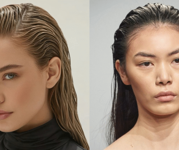 Duas mulheres posam com o cabelo no estilo wet hair, penteado com aparência molhada e polida. À esquerda, uma mulher com cabelo loiro puxado para trás com efeito molhado e pele clara usa uma blusa preta de gola alta, com maquiagem leve que destaca os olhos azuis e os lábios rosados. À direita, uma mulher com cabelo preto igualmente penteado para trás com efeito molhado exibe uma maquiagem minimalista, com foco na pele natural e sobrancelhas definidas. Ambas transmitem uma estética moderna e sofisticada